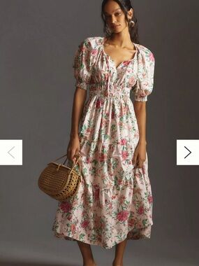 Anthropologie Somerset Floral Puff-Sleeve Maxi Dress in Pink